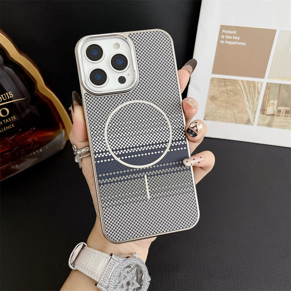 Luxury For Magsafe Gradient Kevlar Carbon Fiber Phone Case For iPhone 16 15 14 13 Pro Max Wireless Charge Colorful Back Cover