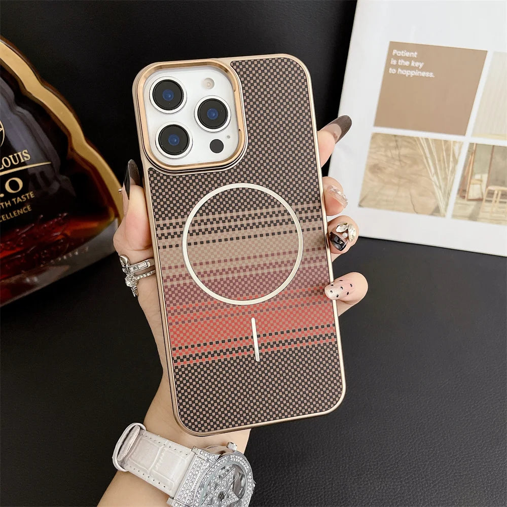 Luxury For Magsafe Gradient Kevlar Carbon Fiber Phone Case For iPhone 16 15 14 13 Pro Max Wireless Charge Colorful Back Cover