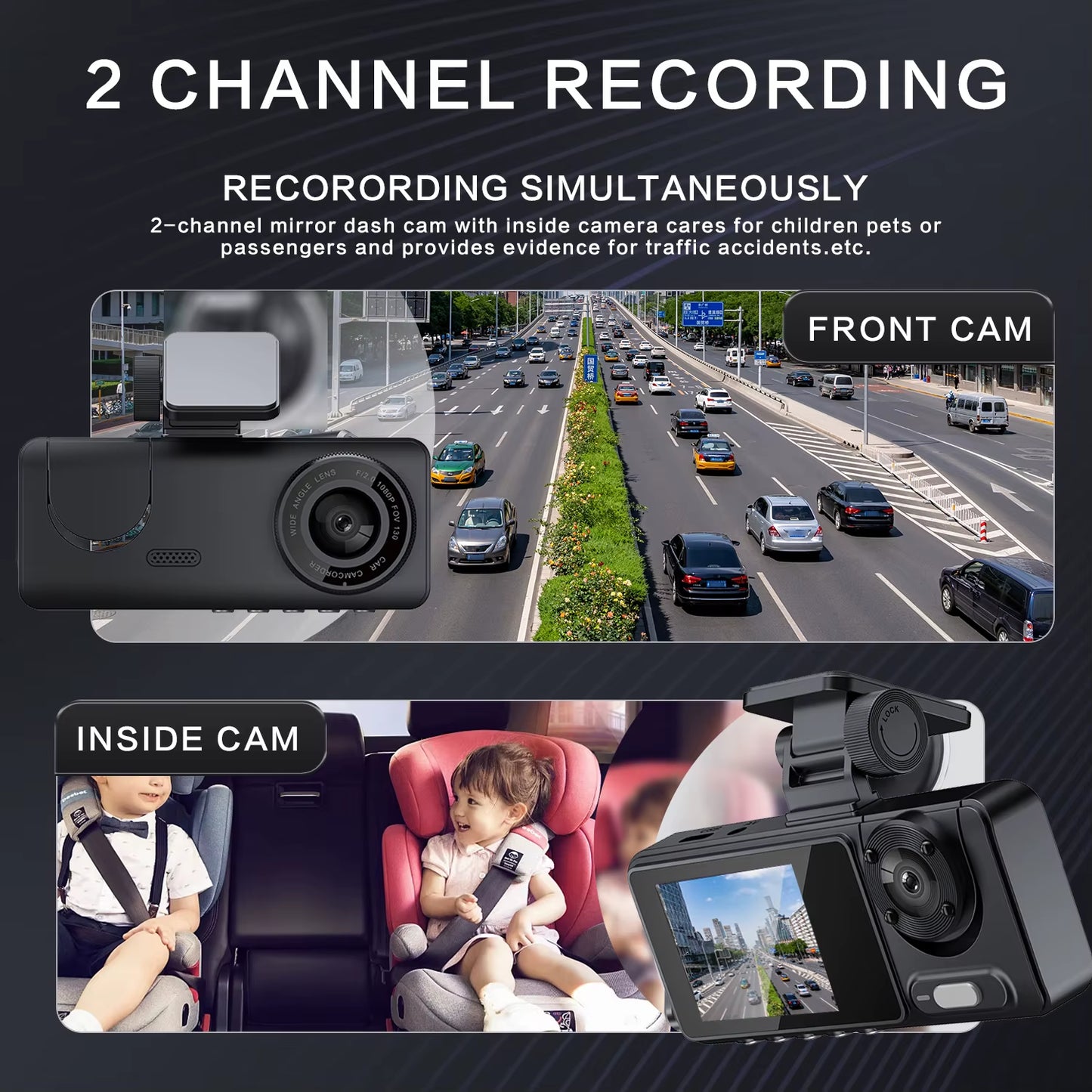 New Car 2-Recorder High-Definition Night Vision 1080P Car Driving Recorder Suction Cup 2-Lens Car Front and inside Video