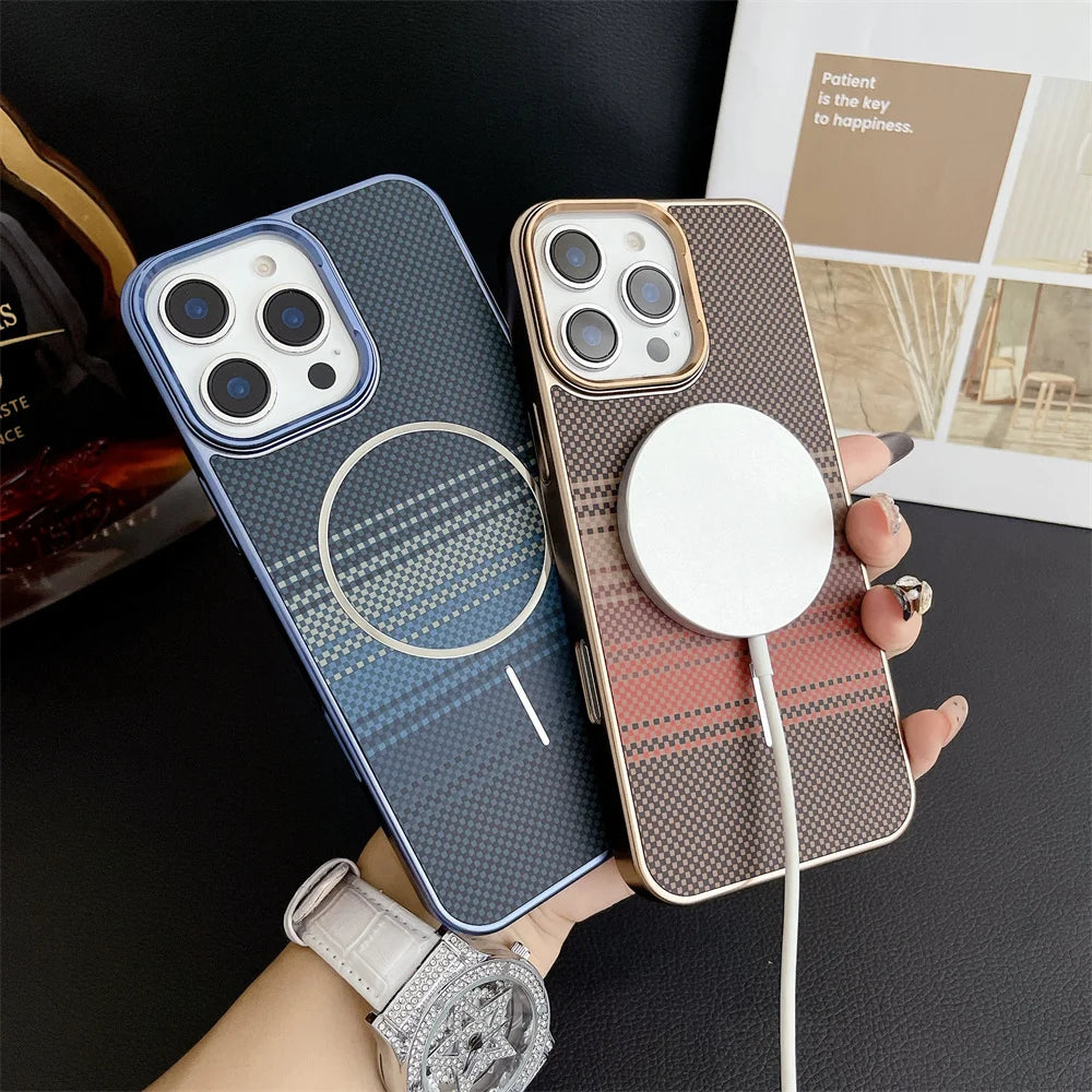 Luxury For Magsafe Gradient Kevlar Carbon Fiber Phone Case For iPhone 16 15 14 13 Pro Max Wireless Charge Colorful Back Cover