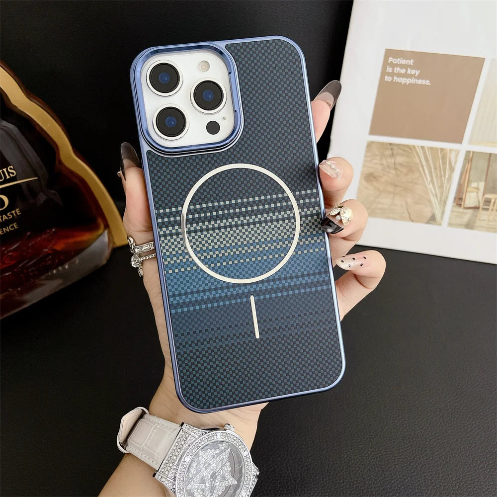 Luxury For Magsafe Gradient Kevlar Carbon Fiber Phone Case For iPhone 16 15 14 13 Pro Max Wireless Charge Colorful Back Cover