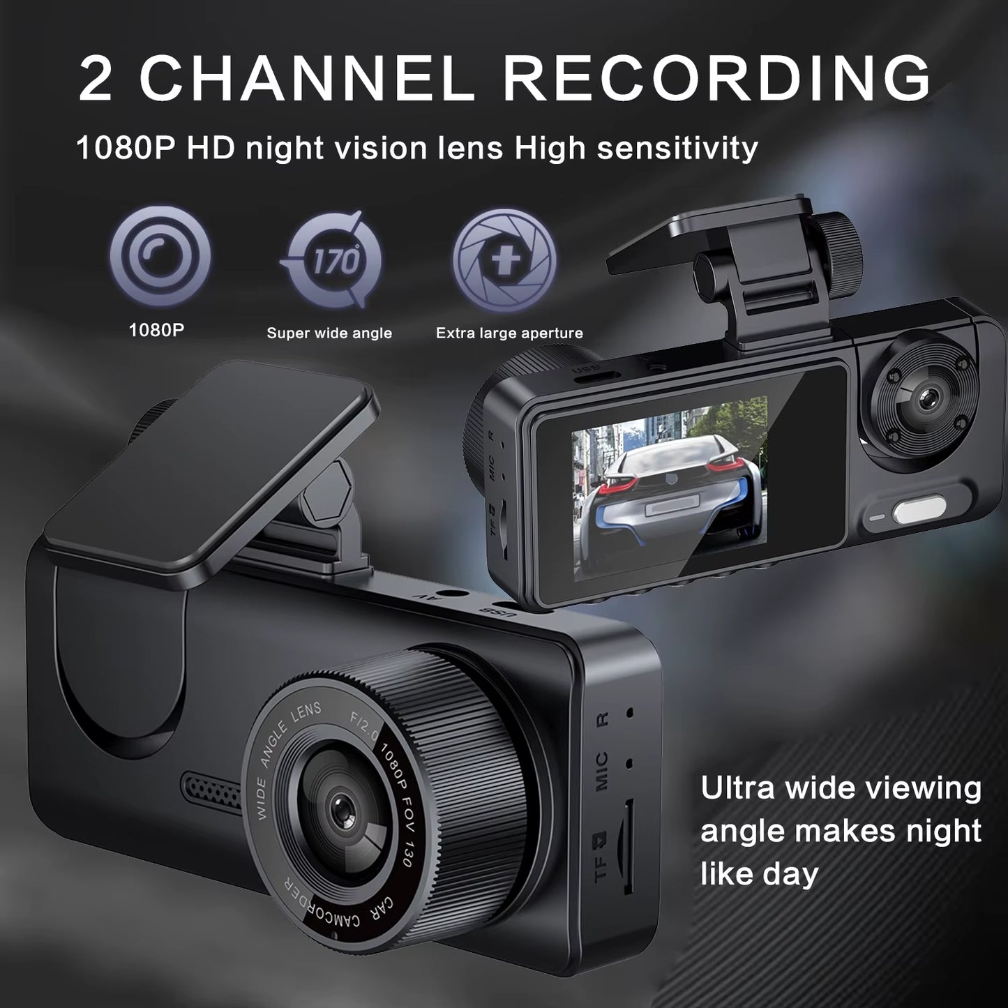 New Car 2-Recorder High-Definition Night Vision 1080P Car Driving Recorder Suction Cup 2-Lens Car Front and inside Video