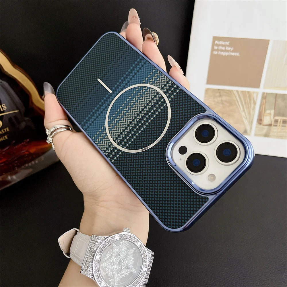 Luxury For Magsafe Gradient Kevlar Carbon Fiber Phone Case For iPhone 16 15 14 13 Pro Max Wireless Charge Colorful Back Cover