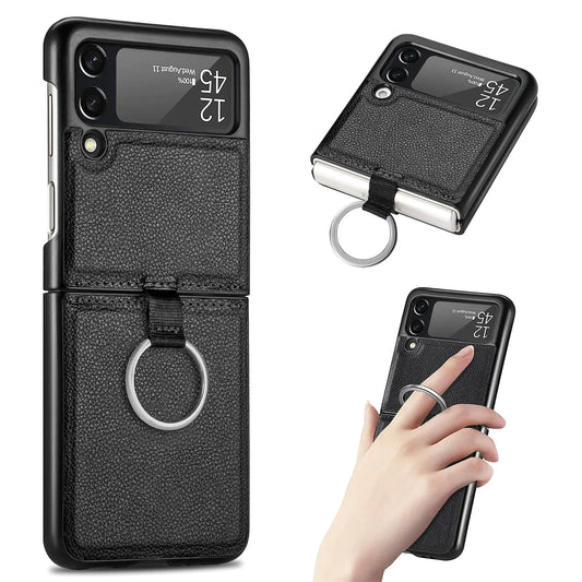 Samsung Galaxy Z Flip 3 Handyhülle aus PU-Leder mit Ringhalterung, schützende, stoßfeste und leichte Smartphone-Schutzhülle für Samsung Galaxy Z Flip 3 ZH Schwarz