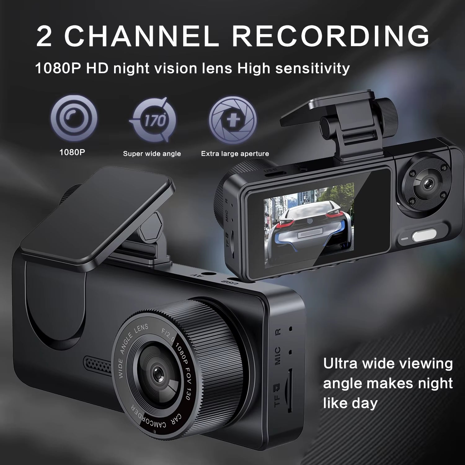 New Car 2-Recorder High-Definition Night Vision 1080P Car Driving Recorder Suction Cup 2-Lens Car Front and inside Video